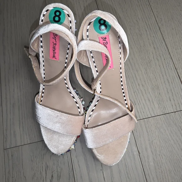 Betsey Johnson Pink Velvet Multicolor Sequin Block Heel Sandals - Picture 3 of 5